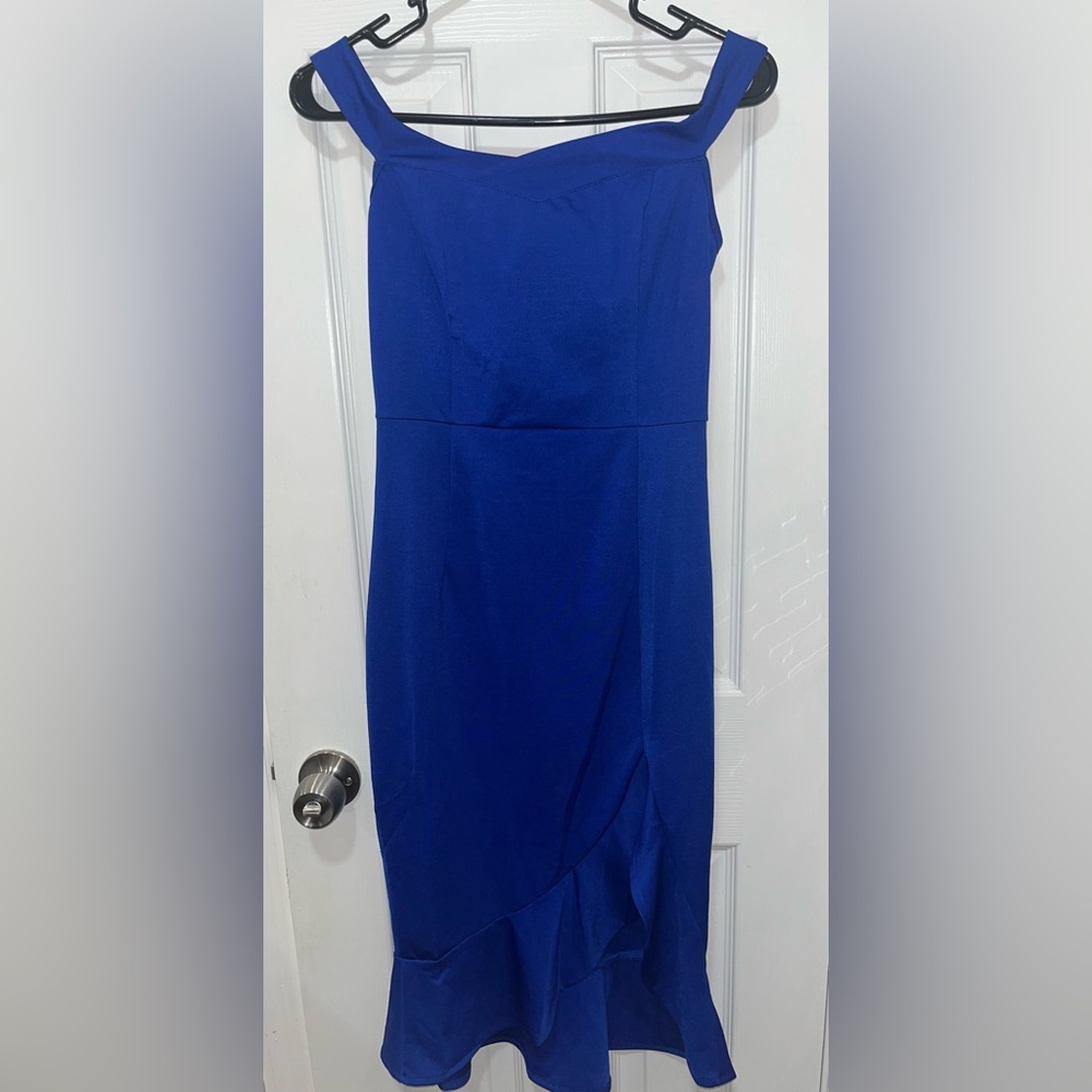 SHEIN BAE Bardot Split Thigh Ruffle Hem Bodycon Dress, Blue, Size Small - Picture 2 of 10